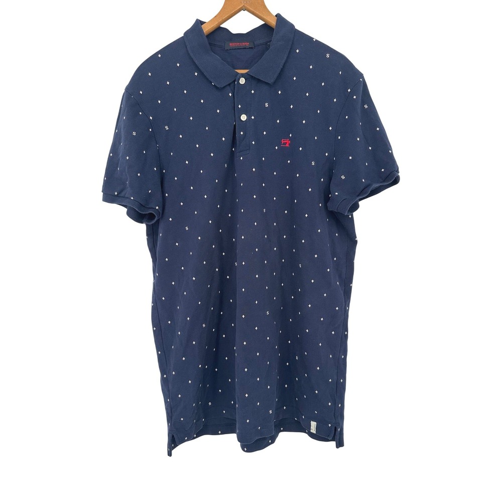 Scotch & Soda Polo Shirt Men L Blue Diamond Print Cotton Smart Casual Preppy